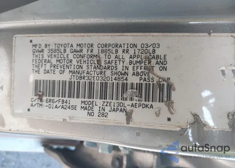 2003 Toyota Corolla Ce z USA, uszkodzony, nr VIN JTDBR32E032014854